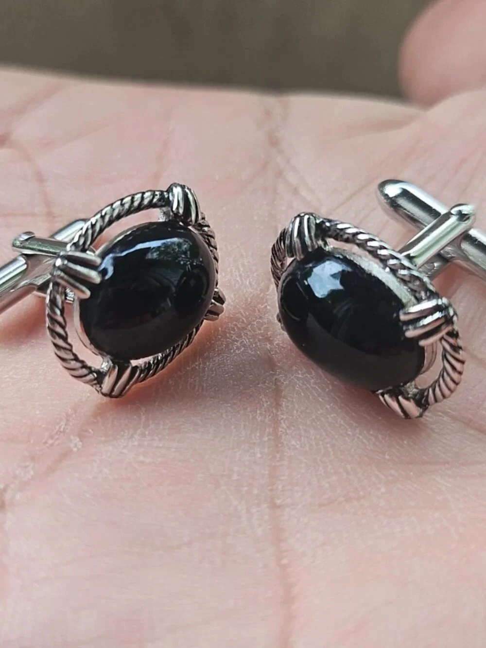 Vintage Swank Cufflinks Silver Tone Black Faux Stone Fashion Jewelry Cuff links